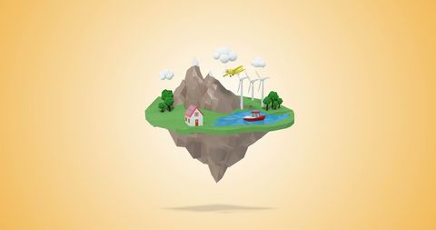 Floating Island with Wind Turbines and House in Tranquil Landscape