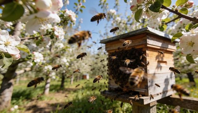 Honeybees swarming around beehive in blossoming apple orchard with sunlight