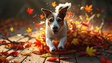 Energetic dog frolicking through autumn leaves on wooden deck