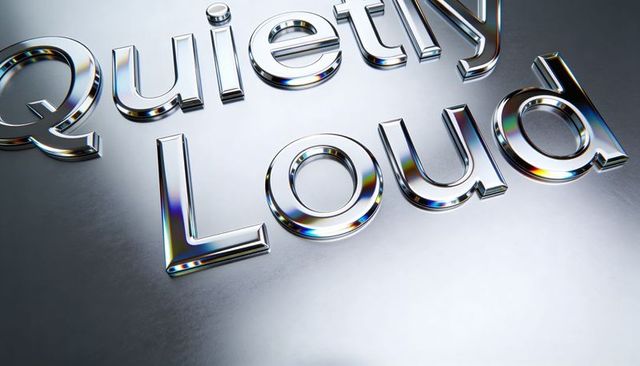 Quietly loud chrome 3d lettering on brushed metal with iridescent prismatic highlights