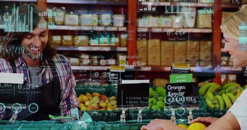 Smiling market vendor weighing oranges with customer interaction and AR data overlays