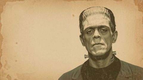 Solemn gothic frankenstein figure with metal bolts against vintage backdrop