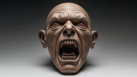 Screaming lifelike sculpted head showing open mouth, teeth, wrinkles and realistic texture