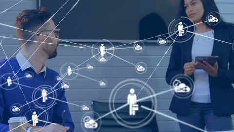 Business Networking Strategy Discussion with Digital Icons