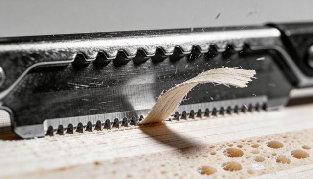 Serrated utility blade cutting thin softwood shaving close-up of curling wood shavings