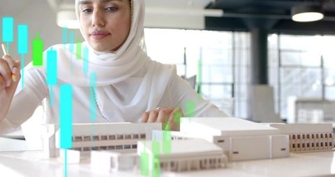Modern architect in hijab analyzing data and models
