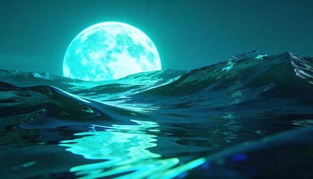 Cyan moonlight gliding over teal ocean waves reflecting full moon glow nocturnal seascape