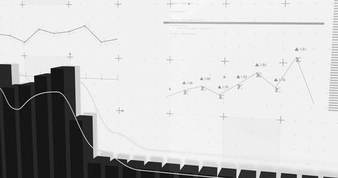 Monochrome analytics dashboard with descending 3d bar chart and smoothed line trend
