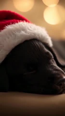 Vertical video showing sleeping black puppy wearing Santa hat amid warm golden bokeh lights