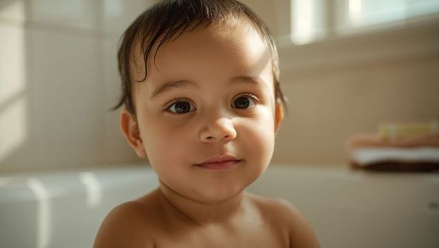Toddler in sunlit bathtub looking toward window with soft gaze and warm natural light