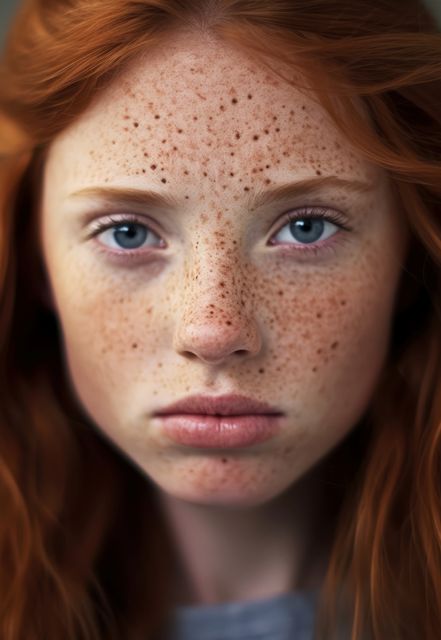 Portrait of red haired girl with blue eyes and freckles, created using generative ai technology. Natural beauty, skin, sun, genetics and pigmentation concept digitally generated image.