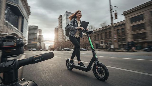 Young professional commuting on electric scooter carrying laptop and backpack through city
