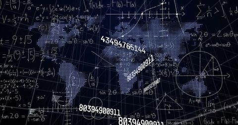 Futuristic World Map and Mathematical Formulas on Digital Grid