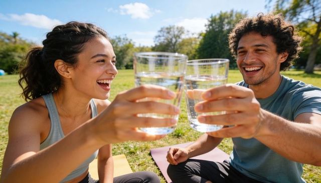 Young couple toasting with water on park yoga mats smiling after outdoor workout session