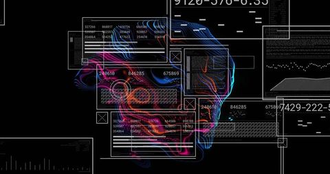 Glowing Neon Skull Silhouette Pulsing with Floating Holographic Data Panels and Cybernetic UI