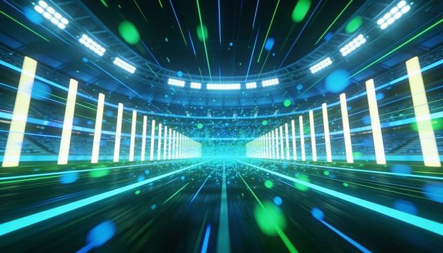 Futuristic neon arena tunnel drawing toward glowing teal center with led pillars