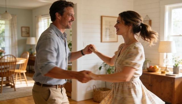 Sunlit couple dancing in cozy living room, romantic home lifestyle and date night