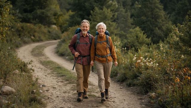 Smiling senior couple hiking holding hands on forest trail with daypacks adventure