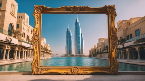Ornate gilded frame with modern towers over pool promenade