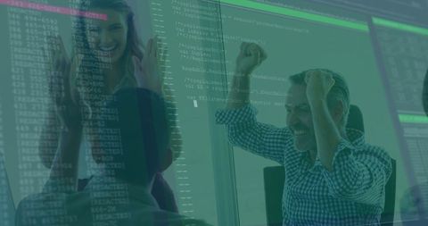 Team Celebrating Achievement in High-Tech Office Environment