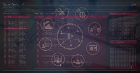 Displaying translucent data terminal dashboard with console code, encryption, network map