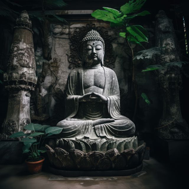 Close up of buddha statue and plants in traditional temple, created using generative ai technology. Buddha, buddhism, religion and tradition concept digitally generated image.