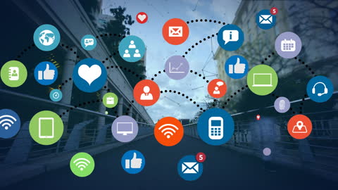 Dynamic Social Media Icons Over Connected Cityscape