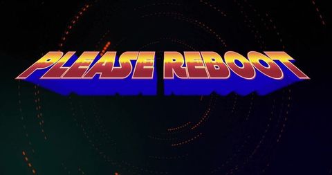 Futuristic digital please reboot error sign with neon effects