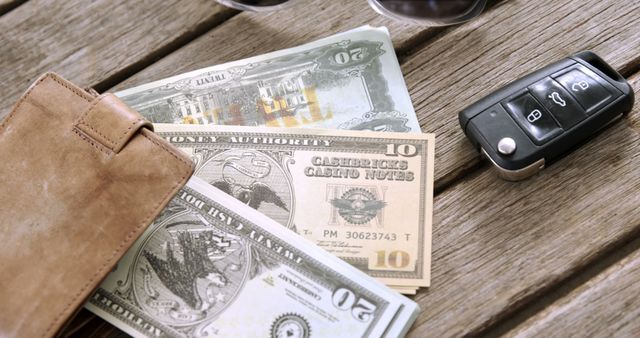 A leather wallet with US currency protrudes alongside a car key fob on a wooden surface, suggesting someone's everyday carry essentials. These items reflect a snapshot of personal belongings that are commonly carried for convenience and necessity.