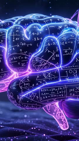 Pulsing Neon Brain Tracing Equations on Lobes with Drifting Particles Futuristic AI Loop