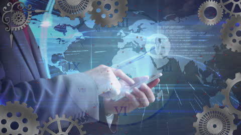Businessman Using Smartphone with Global Business Technology Overlay