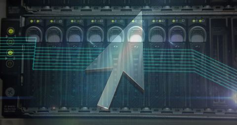 Abstract Digital Interface with Arrow Icons and Servers