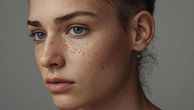 Closeup freckled young woman with blue-gray eyes and natural skin texture