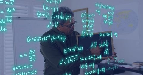 Teacher explaining mathematical formulas with digital elements