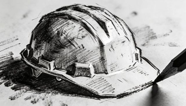 Hand-drawn construction hard hat sketch with graphite hatching and charcoal smudges