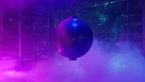 Hovering metallic orb reflecting neon magenta and cyan lights in industrial fog
