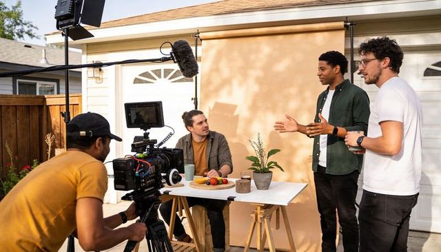 Film crew shooting outdoor product demo in driveway with backdrop, boom, cinema camera