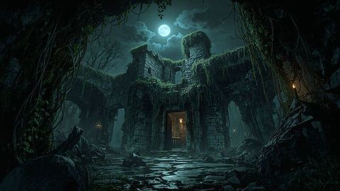 Moss-Covered Stone Ruin Illuminated by Moonlight