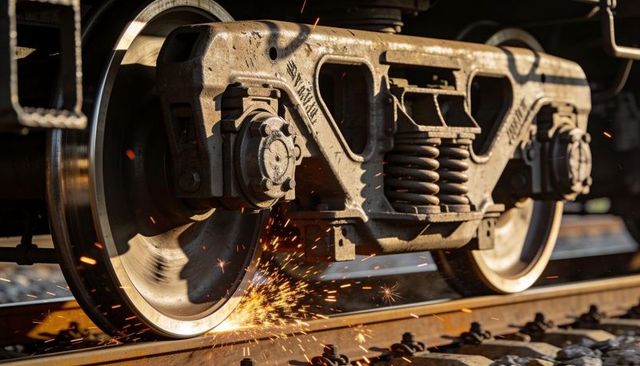 Grinding train wheelset emitting sparks while bogie rolling on steel rail close-up