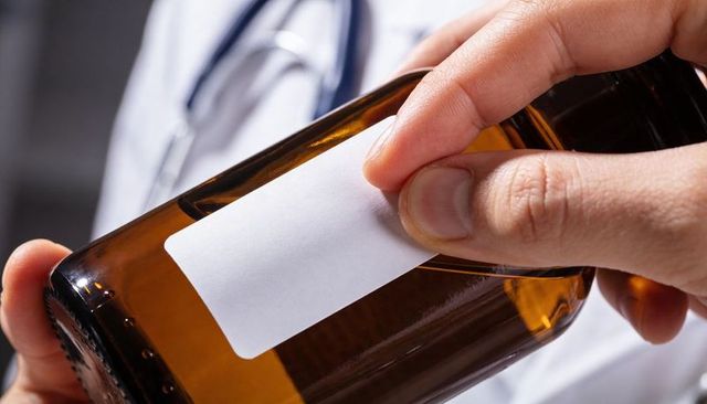 Closeup hands labeling amber prescription bottle with blank label, doctor holding bottle