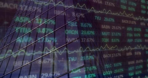 Financial Data Overlaid on Modern Glass Building Facade