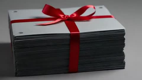 Shifting Camera Showing Thick Envelope Stack Tied with Red Ribbon Close-Up Video