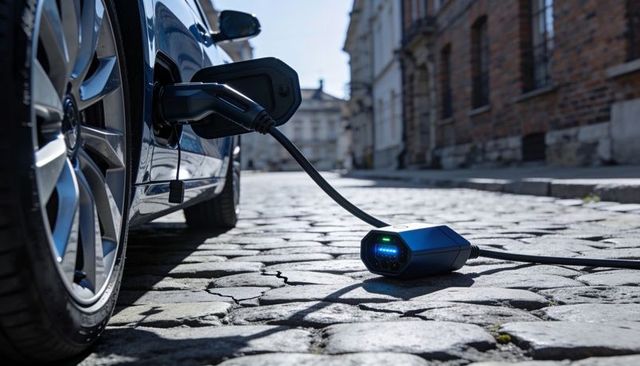 Portable ev charger connecting electric car on historic cobblestone street