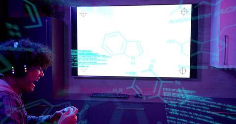 Excited gamer reacting to win on neon-lit tv with headset and controller, hud overlays