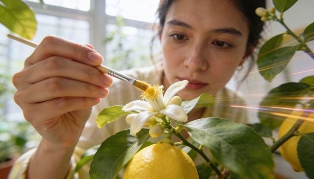 Woman hand-pollinating lemon blossom with paintbrush in sunlit indoor citrus garden