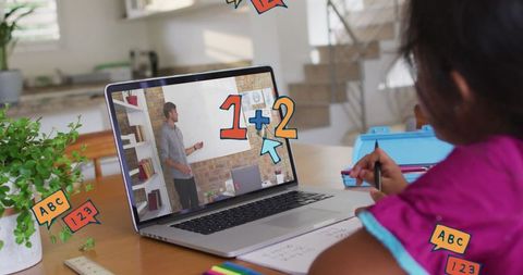 Child Engaged in Online Learning at Home with Educational Graphics