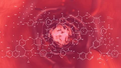 Digital Network and DNA Structure Overlay on Red Background