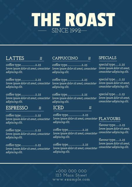 Classic cafe menu design ideal for small coffee shops or restaurants with a vintage theme. Highlights diverse offerings including lattes, cappuccinos, espressos, and iced coffees. Specifically useful for cafes looking to emphasize quality and tradition with rich, historical presentation.