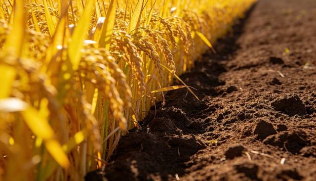 Sunlit golden grain stalks bending over tilled furrow, close-up row of ripening rice