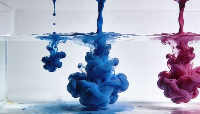 Blue and magenta ink clouds diffusing in water creating abstract swirling liquid plumes